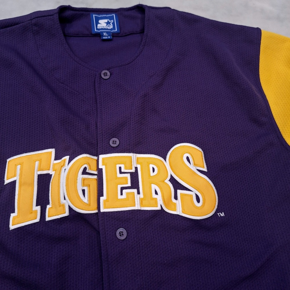 Vtg 90s Starter LSU Tigers Baseball Jersey Mens XL Purple Gold Button Up Mesh